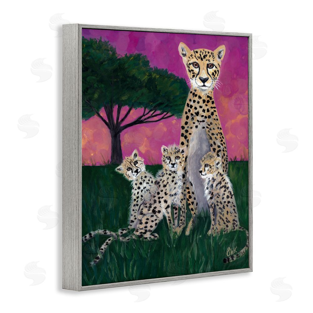 Sarah Waldron Kimball Mama Cheetah & Her Cubs Gray Framed Giclee Wall Art Print