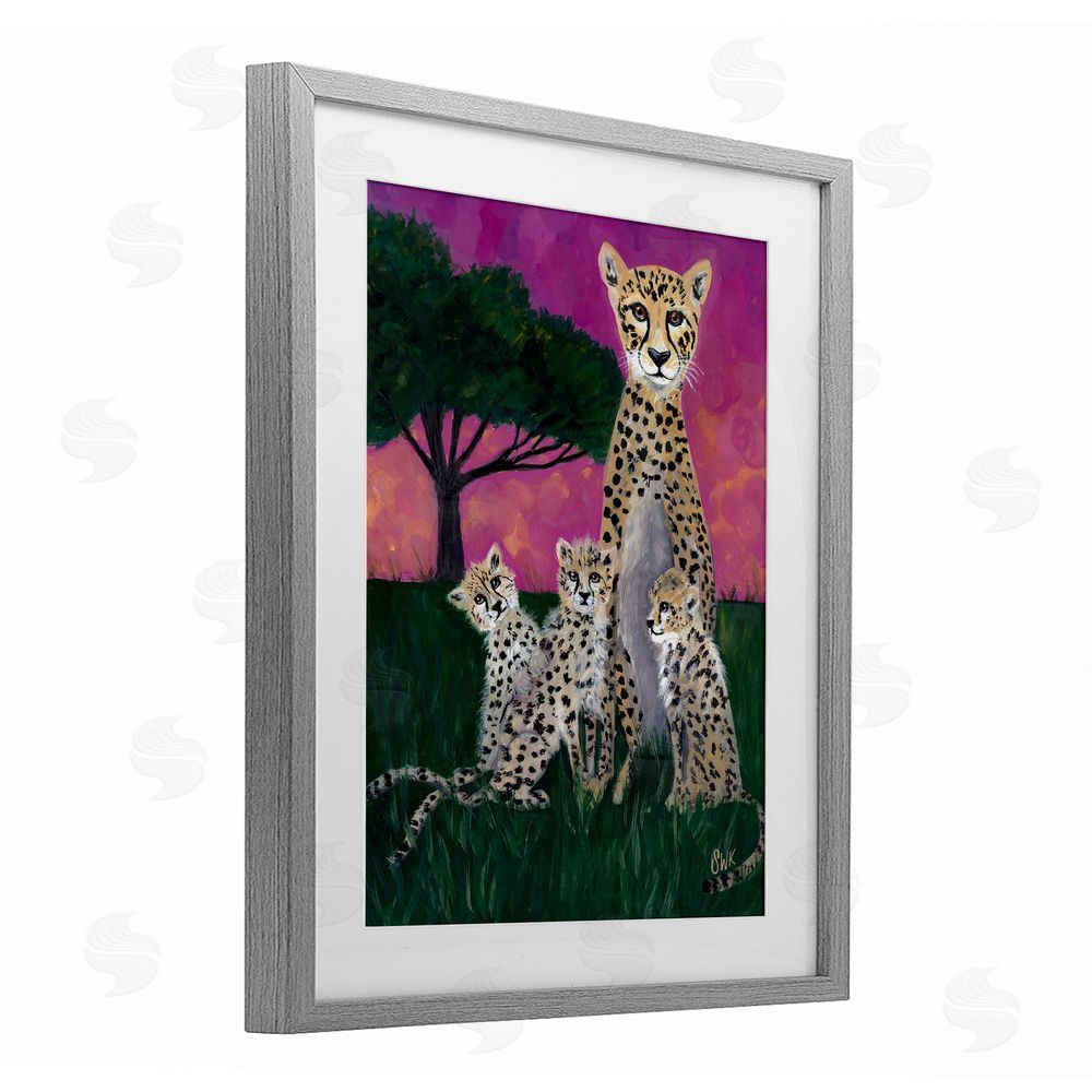Sarah Waldron Kimball Mama Cheetah & Her Cubs Gray Framed Print Under Glass Wall Art