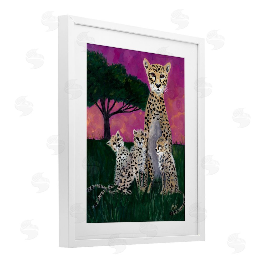 Sarah Waldron Kimball Mama Cheetah & Her Cubs White Framed Print Under Glass Wall Art