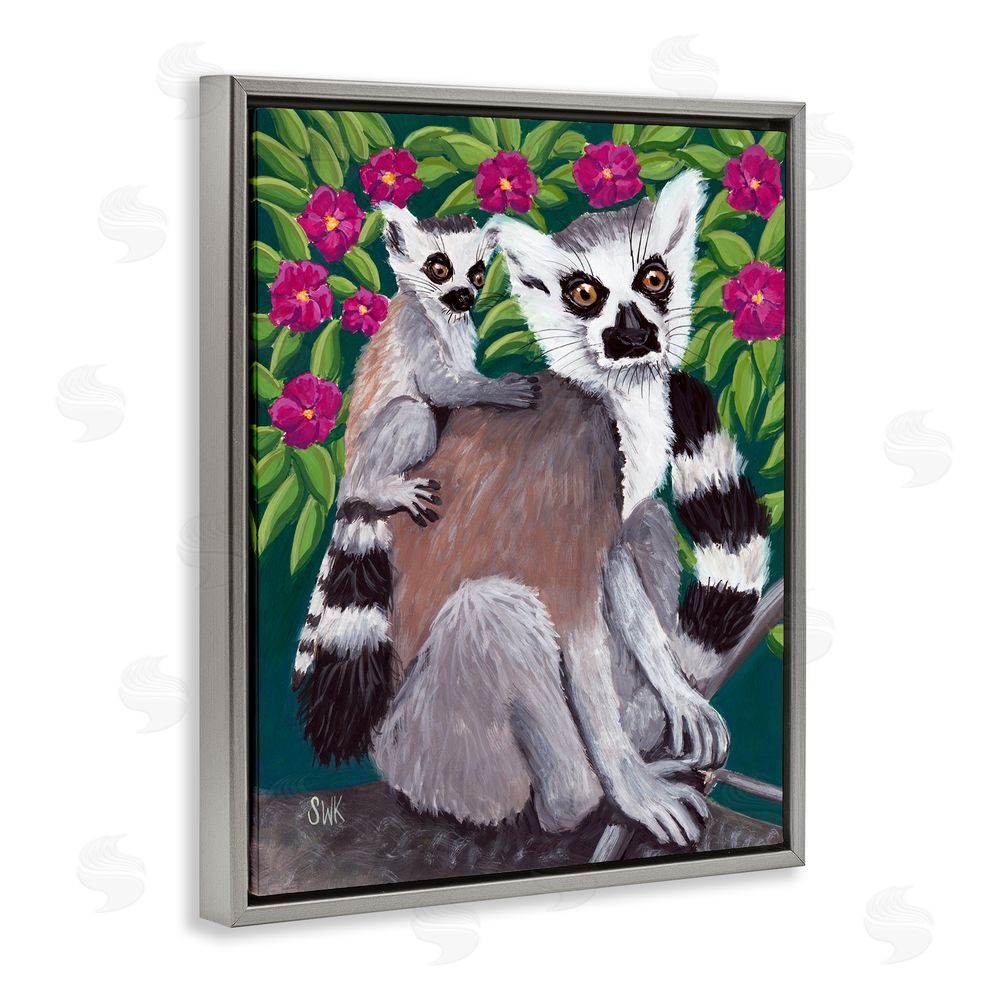 Sarah Waldron Kimball Ring Tailed Lemur Mama & Baby Gray Floating Frame Canvas Wall Art Print