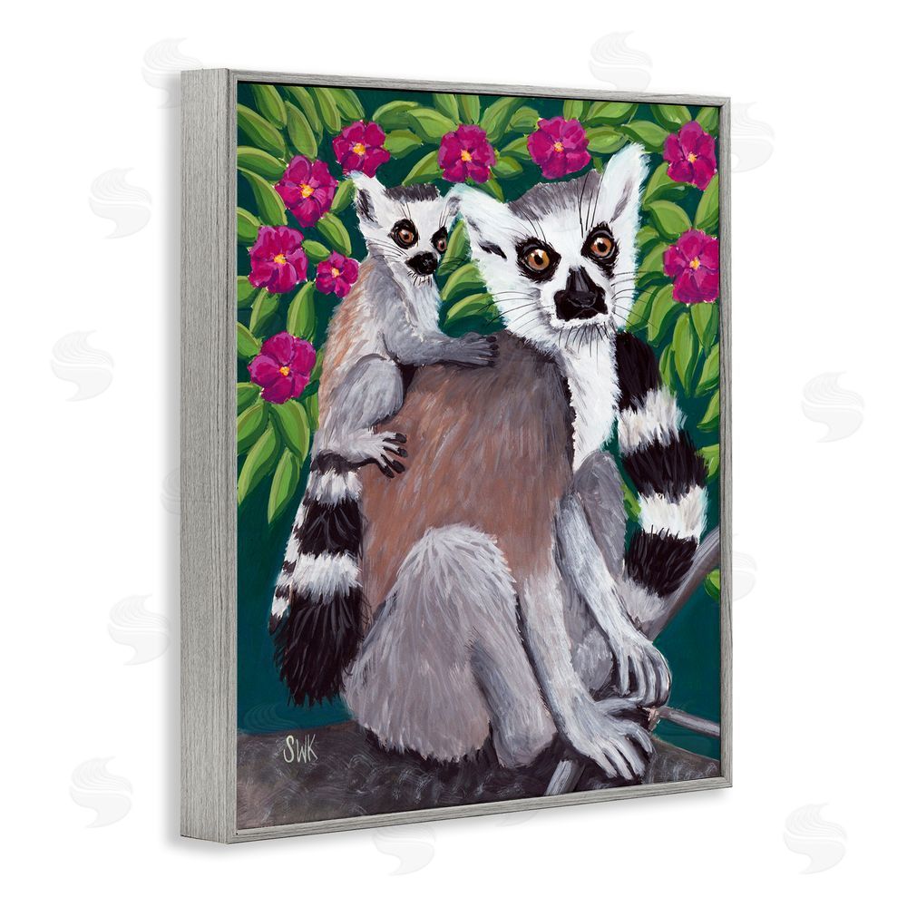 Sarah Waldron Kimball Ring Tailed Lemur Mama & Baby Gray Framed Giclee Wall Art Print