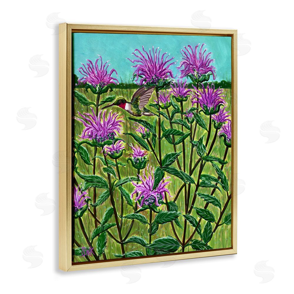 Sarah Waldron Kimball Ruby Throated Hummingbird & Beebalm Gold Floating Frame Canvas Wall Art Print