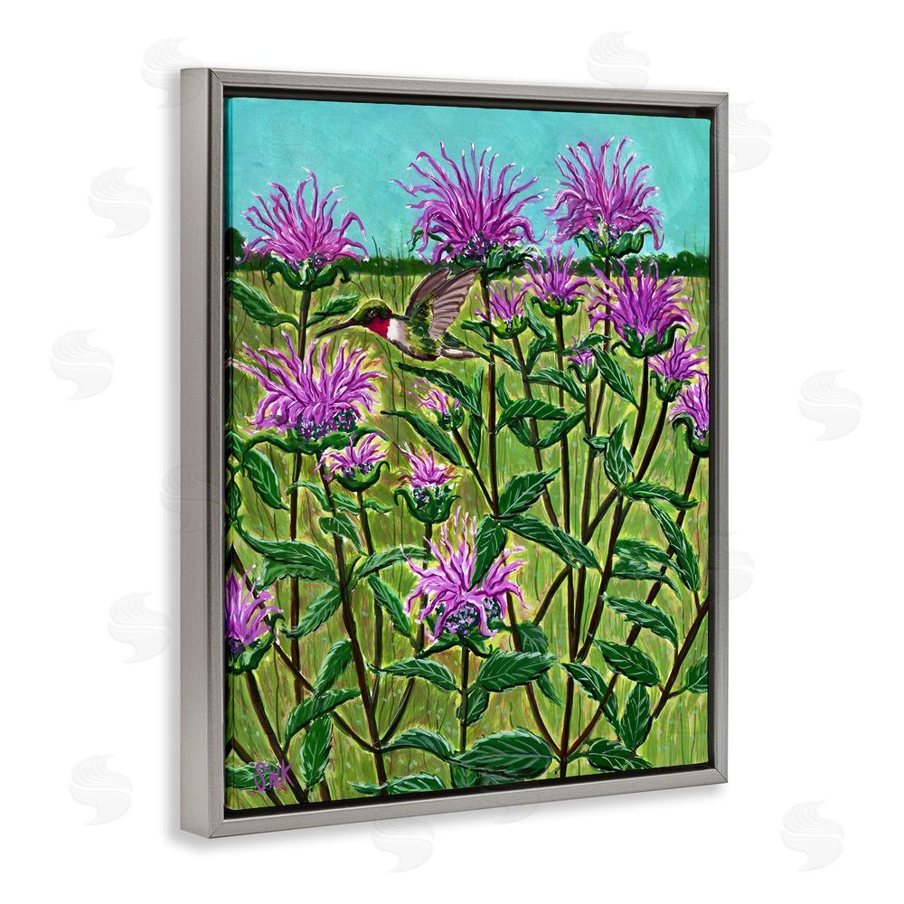 Sarah Waldron Kimball Ruby Throated Hummingbird & Beebalm Gray Floating Frame Canvas Wall Art Print