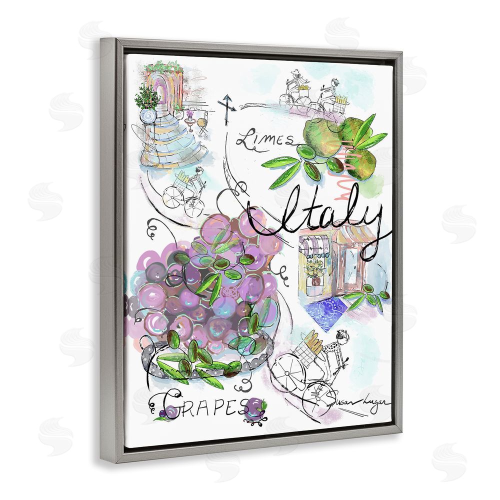 Susan Lugar Italy Sketch Grapes & Bistro Gray Floating Frame Canvas Wall Art Print