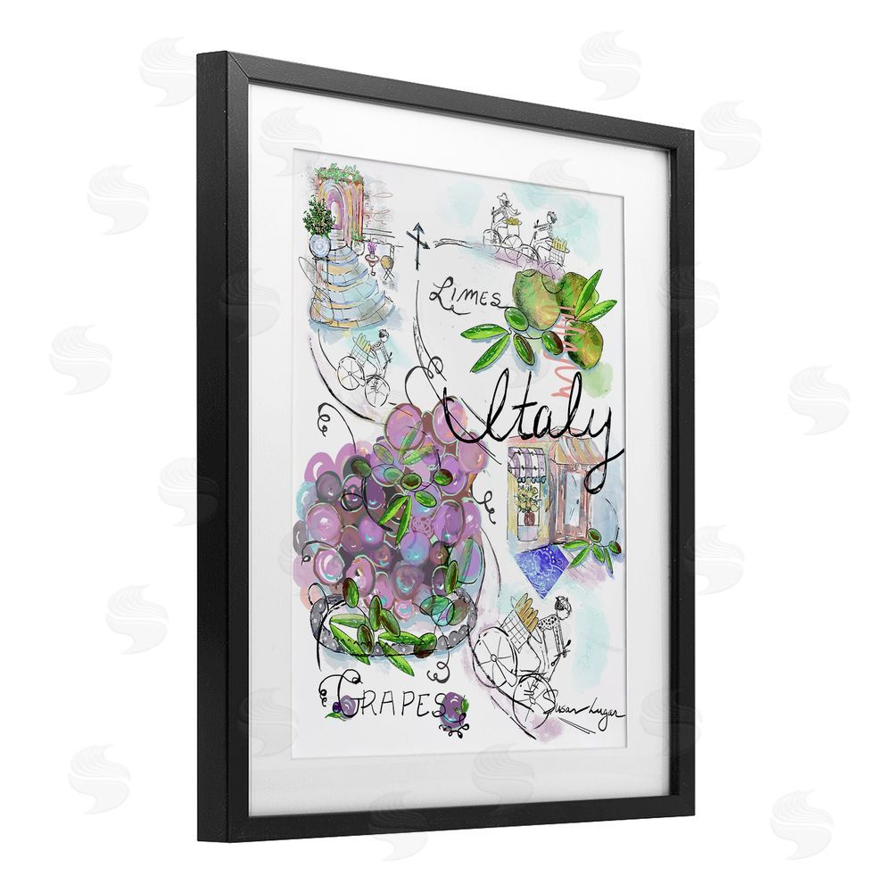 Susan Lugar Italy Sketch Grapes & Bistro Black Framed Print Under Glass with White Mat Wall Art