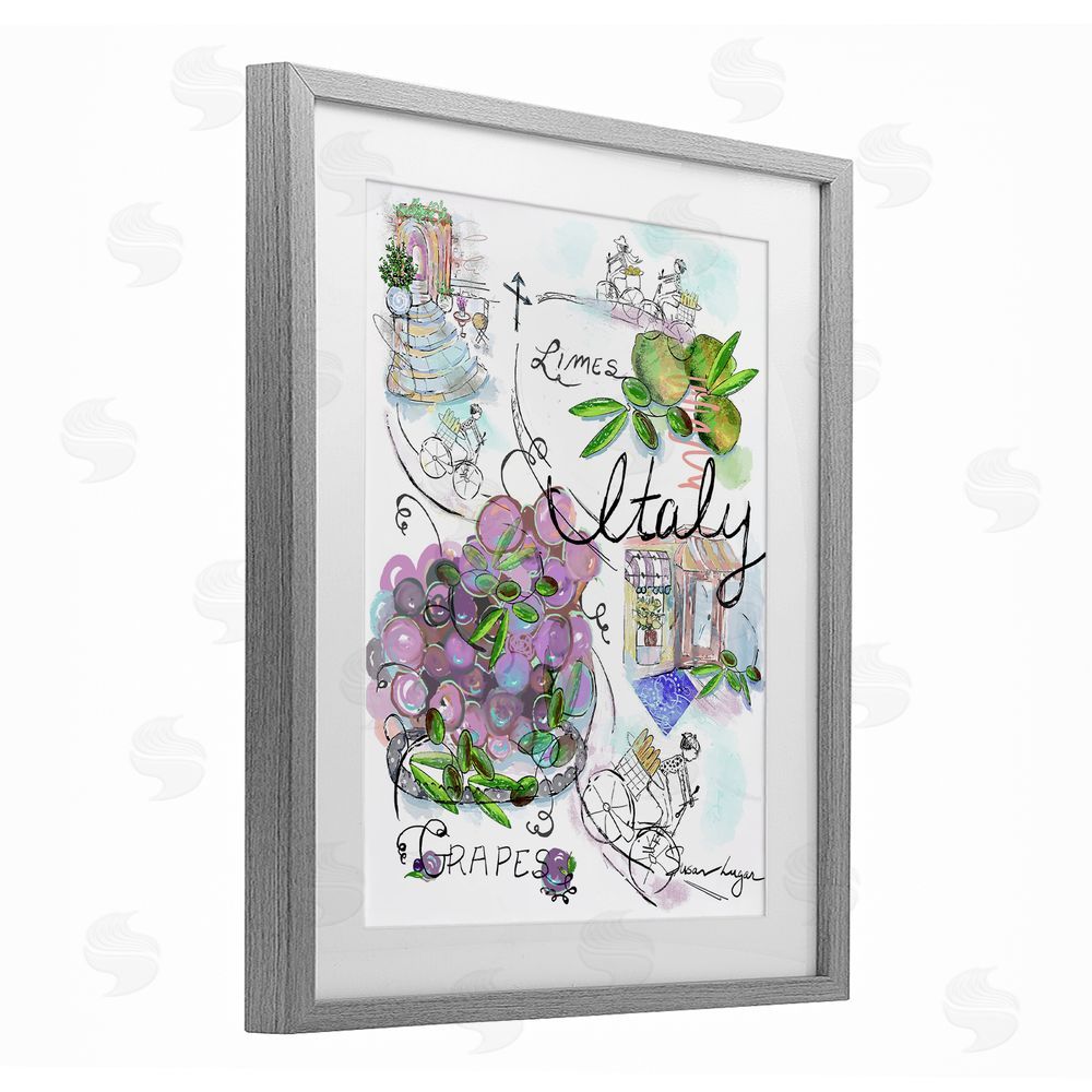 Susan Lugar Italy Sketch Grapes & Bistro Gray Framed Print Under Glass with White Mat Wall Art