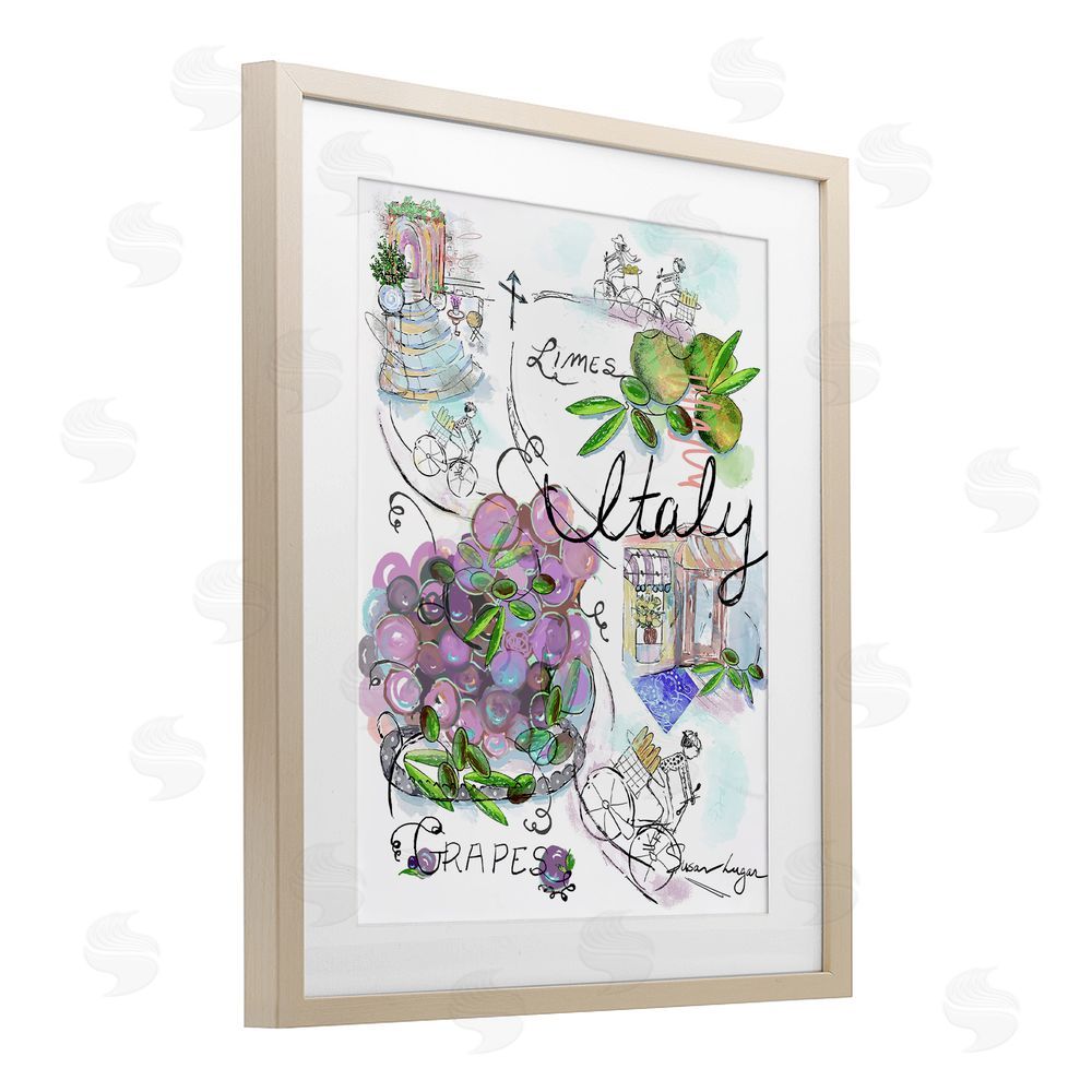 Susan Lugar Italy Sketch Grapes & Bistro Birch Framed Print Under Glass with White Mat Wall Art