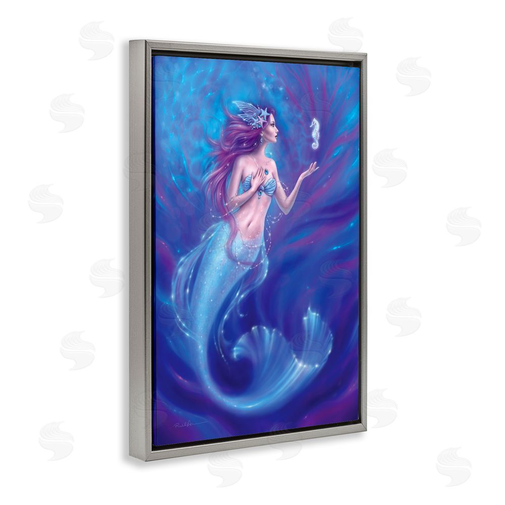Rachel Anderson Jewel Bedecked Mermaid & Seahorse Gray Floating Frame Canvas Wall Art Print