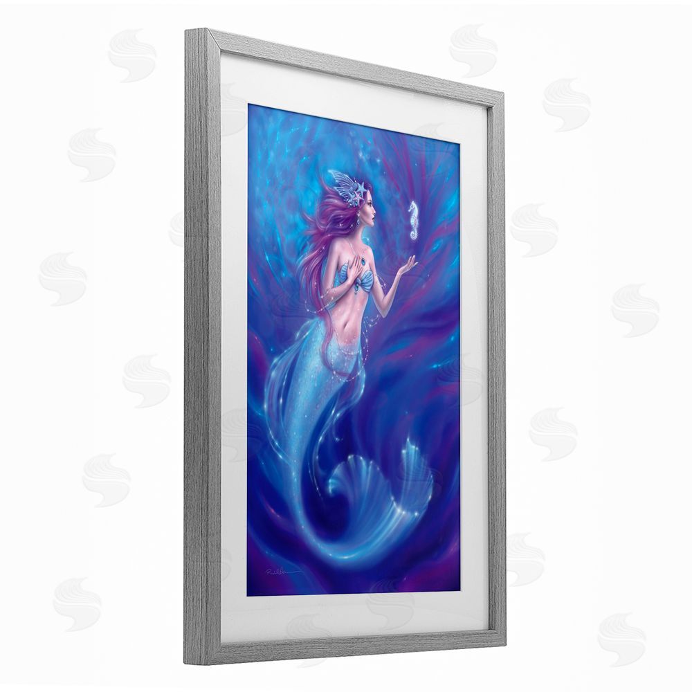 Rachel Anderson Jewel Bedecked Mermaid & Seahorse Gray Framed Print Under Glass Wall Art