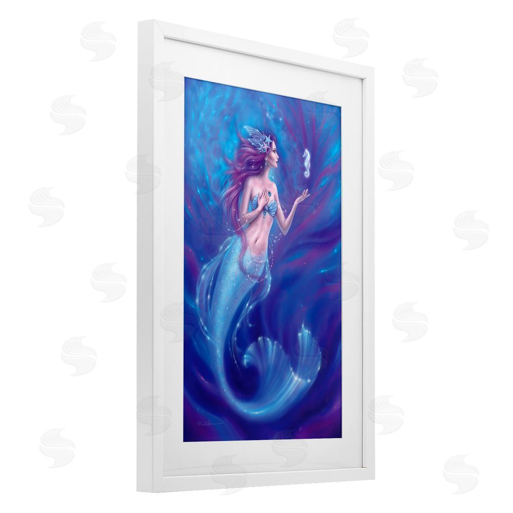 Rachel Anderson Jewel Bedecked Mermaid & Seahorse White Framed Print Under Glass Wall Art