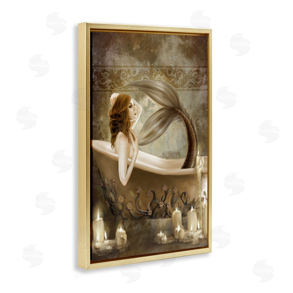 Selina Fenech Sepia Bath Time Mermaid Gold Floating Frame Canvas Wall Art Print