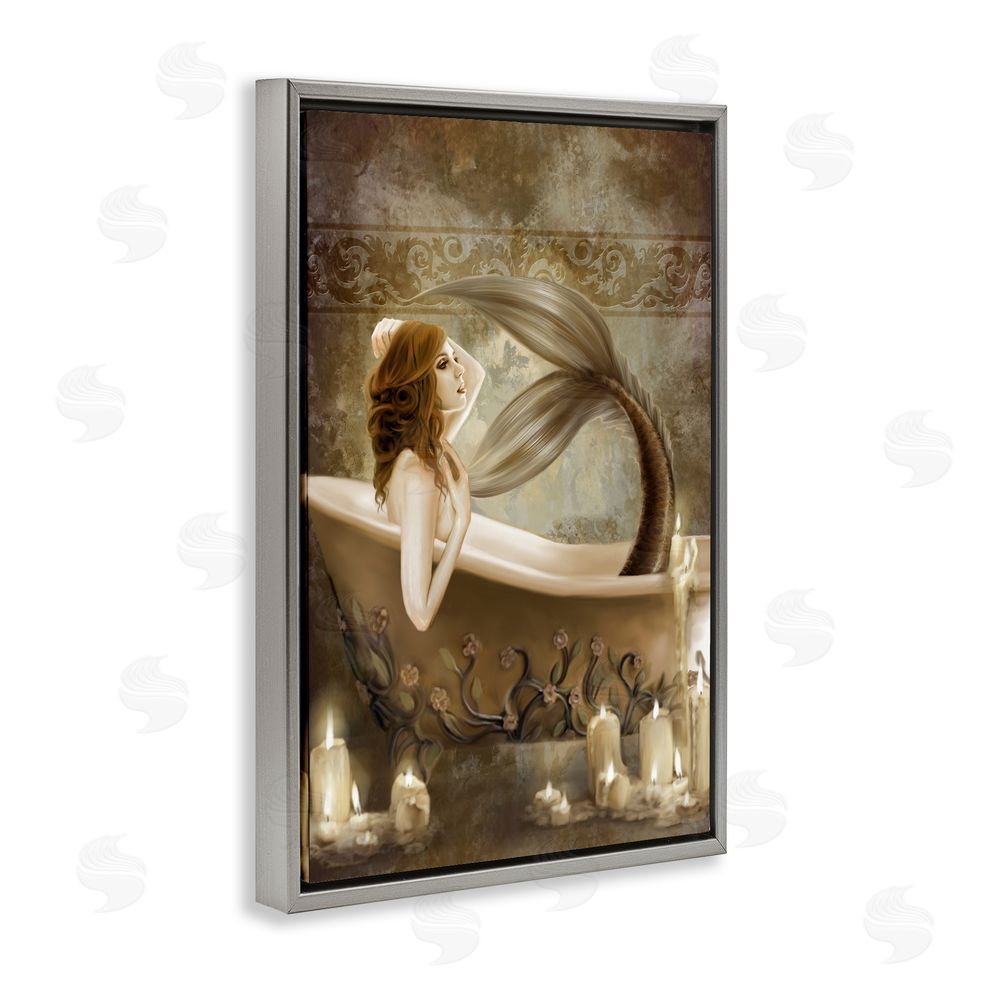 Selina Fenech Sepia Bath Time Mermaid Gray Floating Frame Canvas Wall Art Print