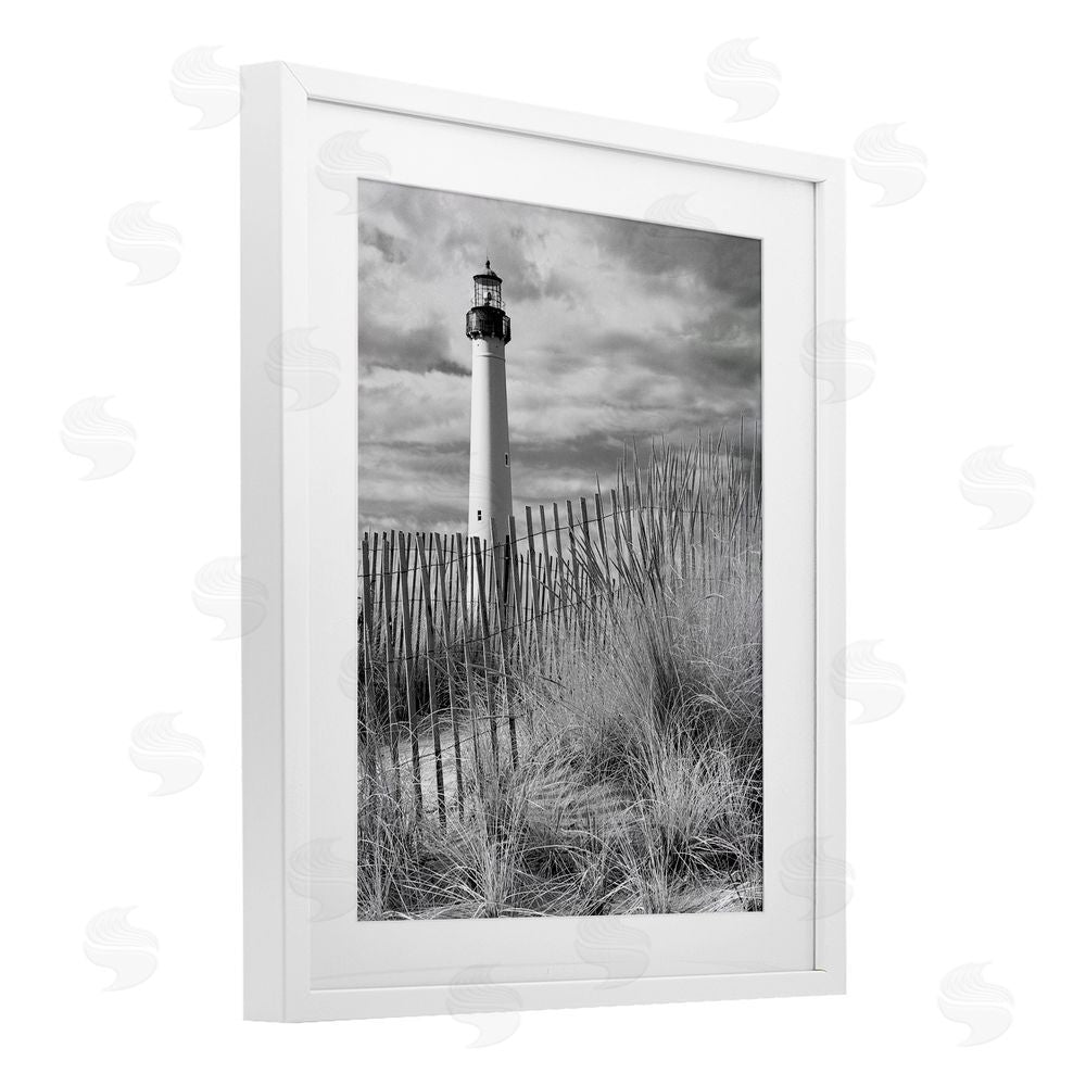 MJ Photography Cape May Lighthouse Amid Dunes White Framed Print Under Glass Wall Art