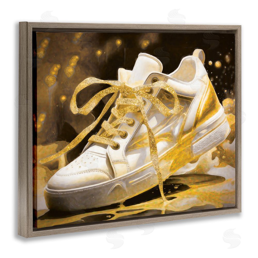 Grotto Studios Splashy Gold Sneaker Brown Floating Frame Canvas Wall Art Print