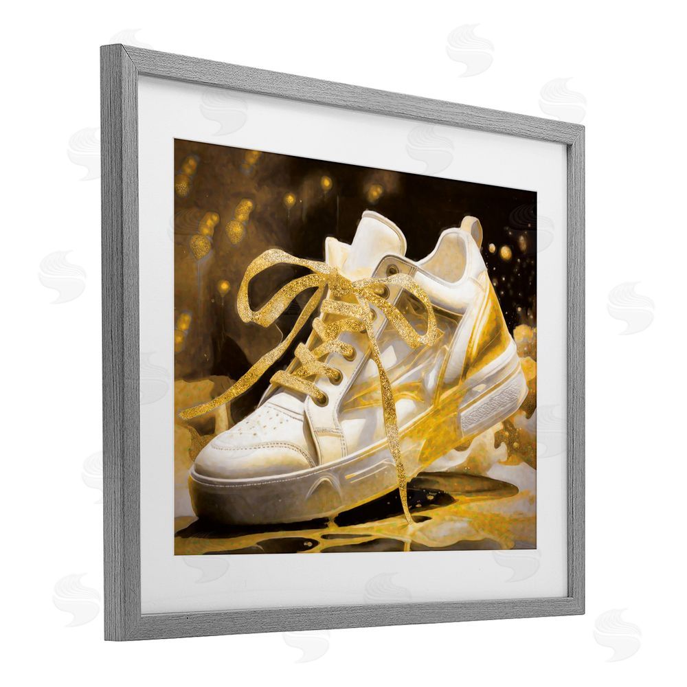 Grotto Studios Splashy Gold Sneaker Gray Framed Print Under Glass Wall Art