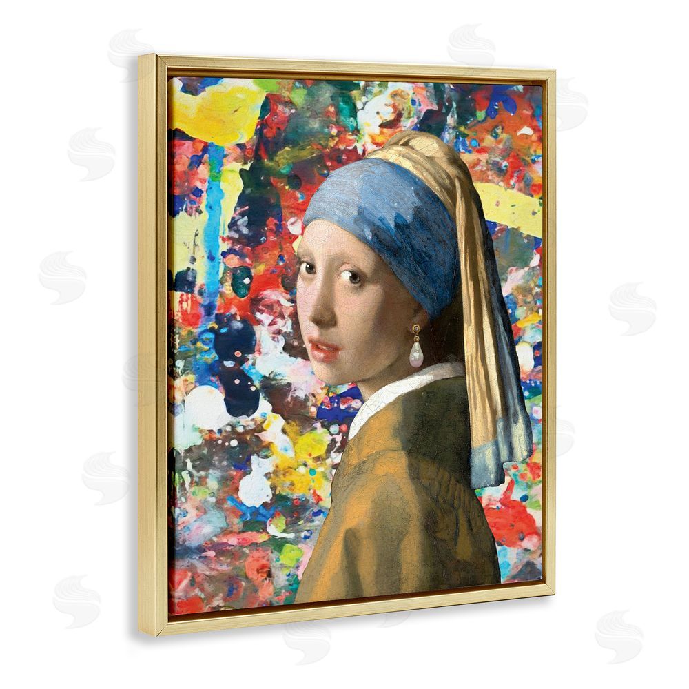 Grotto Studios Modern Splatter Iconic Pearl Earring Gold Floating Frame Canvas Wall Art Print
