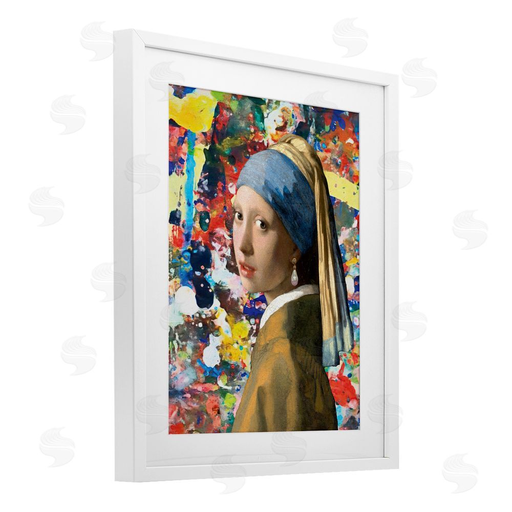 Grotto Studios Modern Splatter Iconic Pearl Earring White Framed Print Under Glass Wall Art