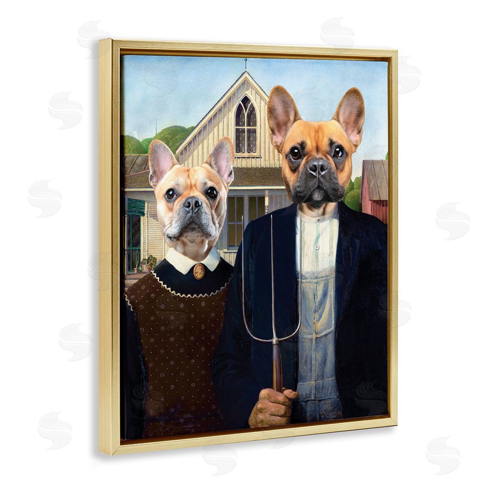 Grotto Studios French Bulldogs Iconic Farmers Gold Floating Frame Canvas Wall Art Print