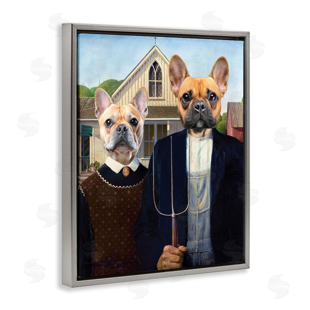 Grotto Studios French Bulldogs Iconic Farmers Gray Floating Frame Canvas Wall Art Print