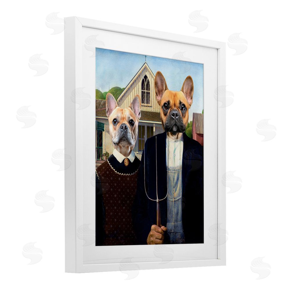 Grotto Studios French Bulldogs Iconic Farmers White Framed Print Under Glass Wall Art