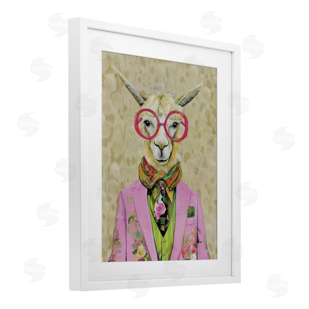 Svetlana Aleynikova Stylish Llama with Glasses White Framed Print Under Glass Wall Art