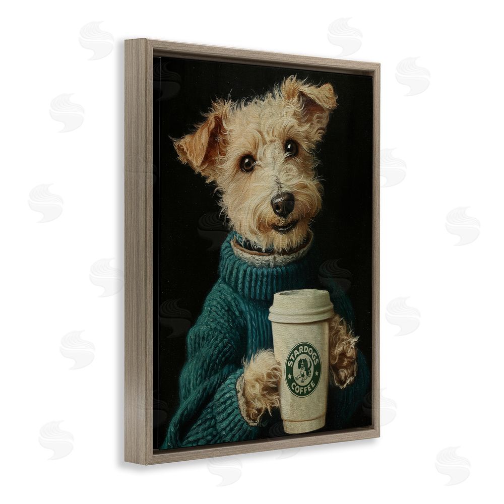 Svetlana Aleynikova Barkuccino Dog with Coffee Cup Brown Floating Frame Canvas Wall Art Print