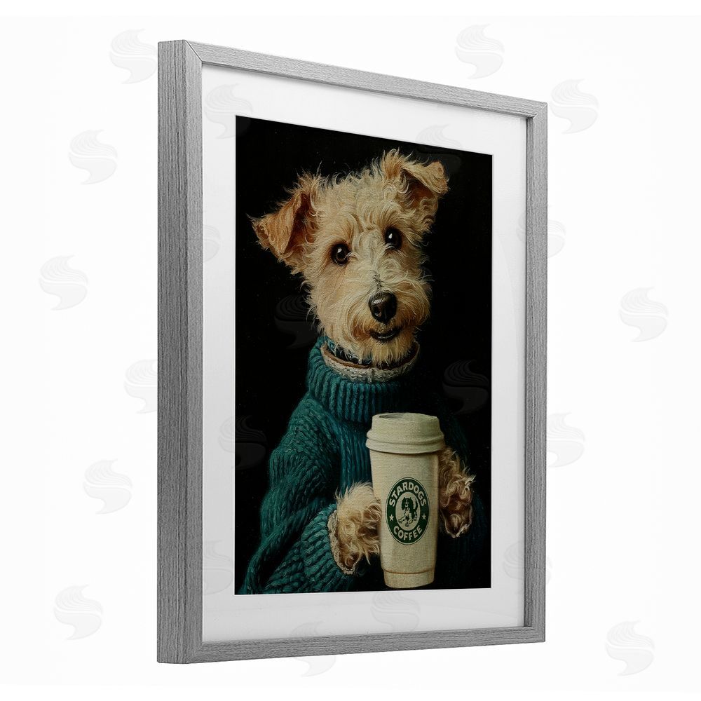 Svetlana Aleynikova Barkuccino Dog with Coffee Cup Gray Framed Print Under Glass Wall Art
