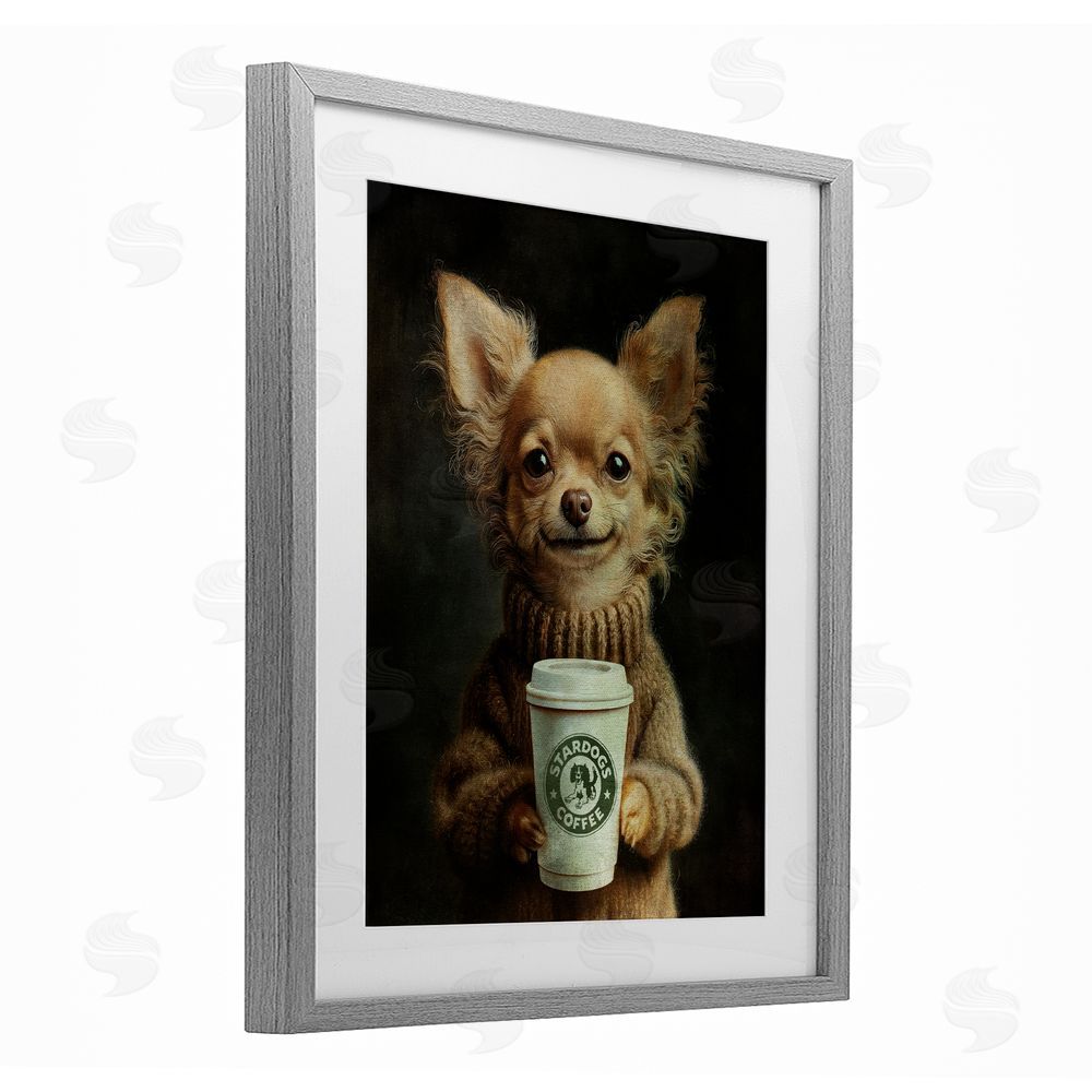Svetlana Aleynikova Espresso Pup in Cozy Sweater Gray Framed Print Under Glass Wall Art