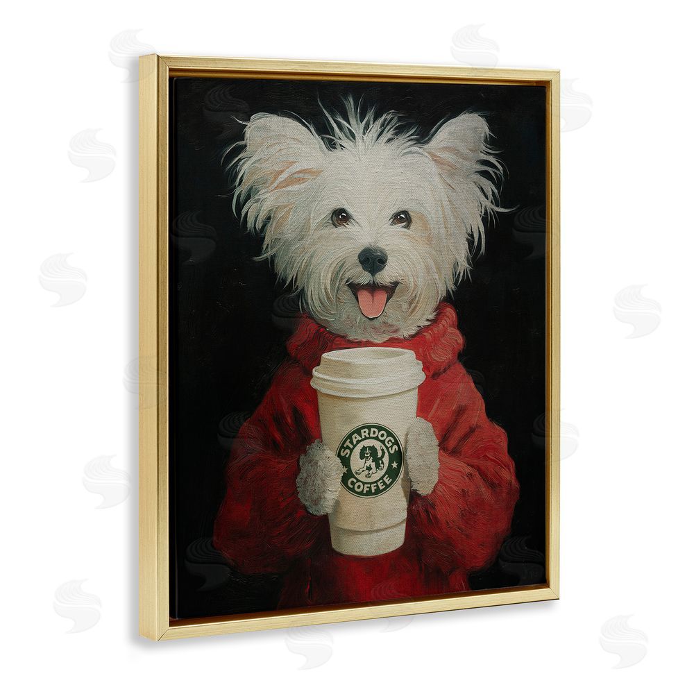 Svetlana Aleynikova Cappuccino Cutie Puppy & Coffee Gold Floating Frame Canvas Wall Art Print