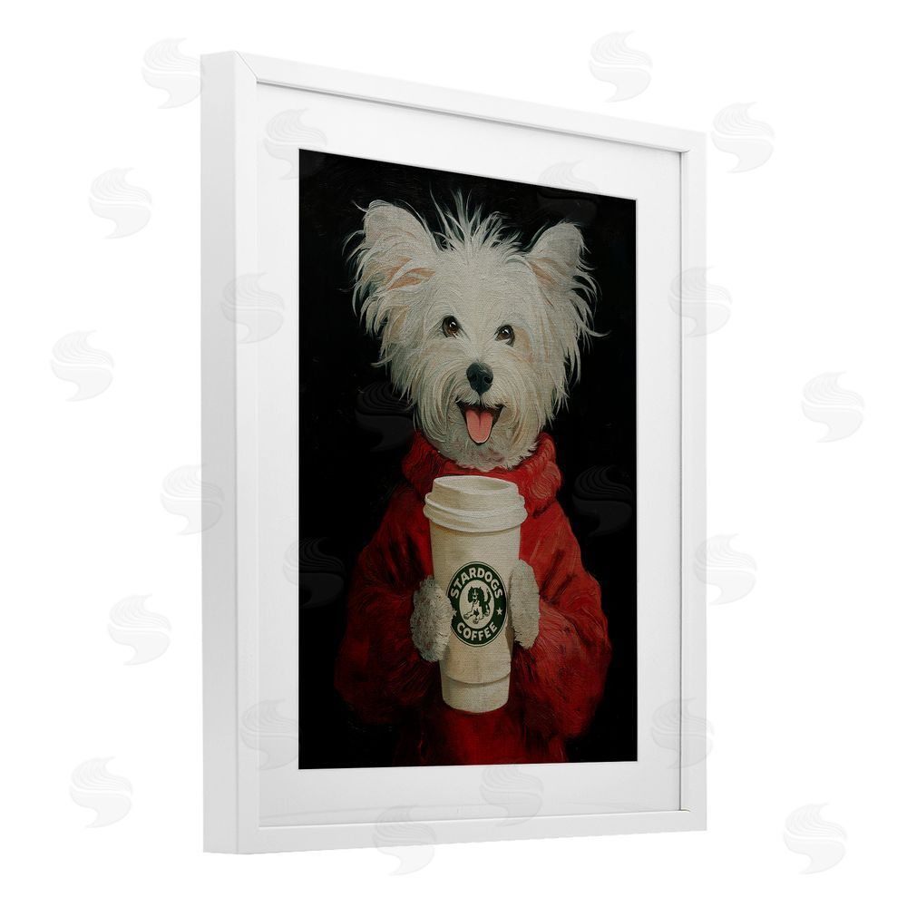 Svetlana Aleynikova Cappuccino Cutie Puppy & Coffee White Framed Print Under Glass Wall Art