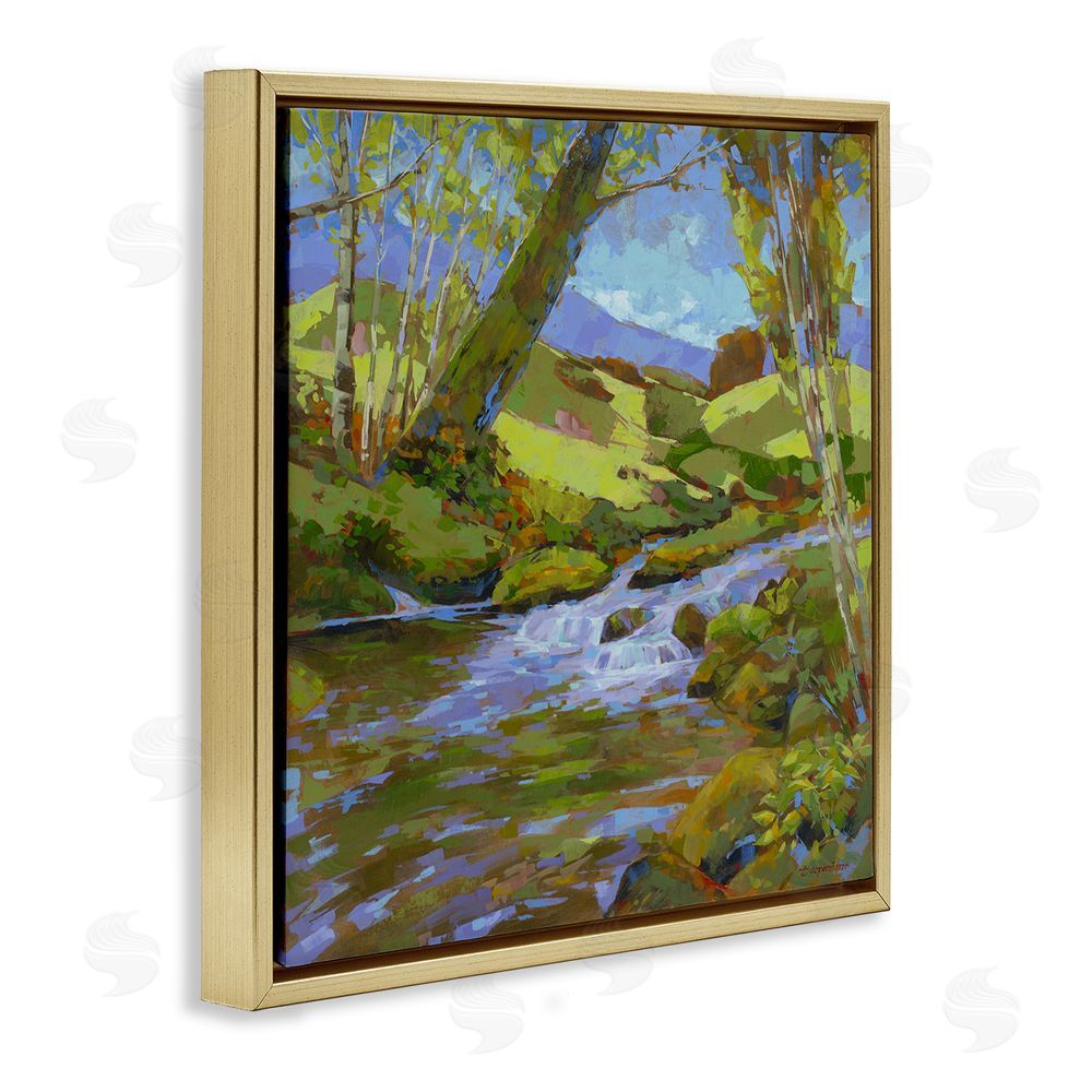 Trevor Copenhaver Birch Lined Forest Stream Gold Floating Frame Canvas Wall Art Print
