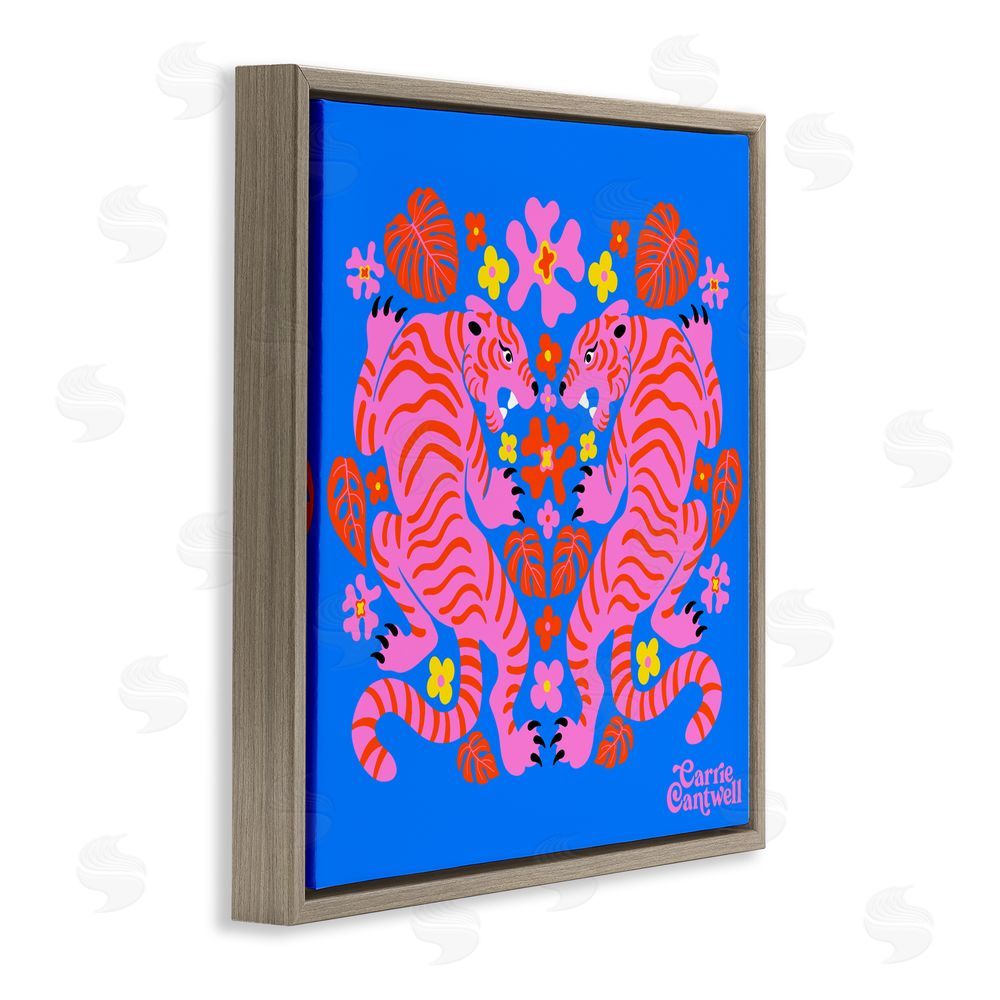 Carrie Cantwell Pink Tigers and Monstera Brown Floating Frame Canvas Wall Art Print