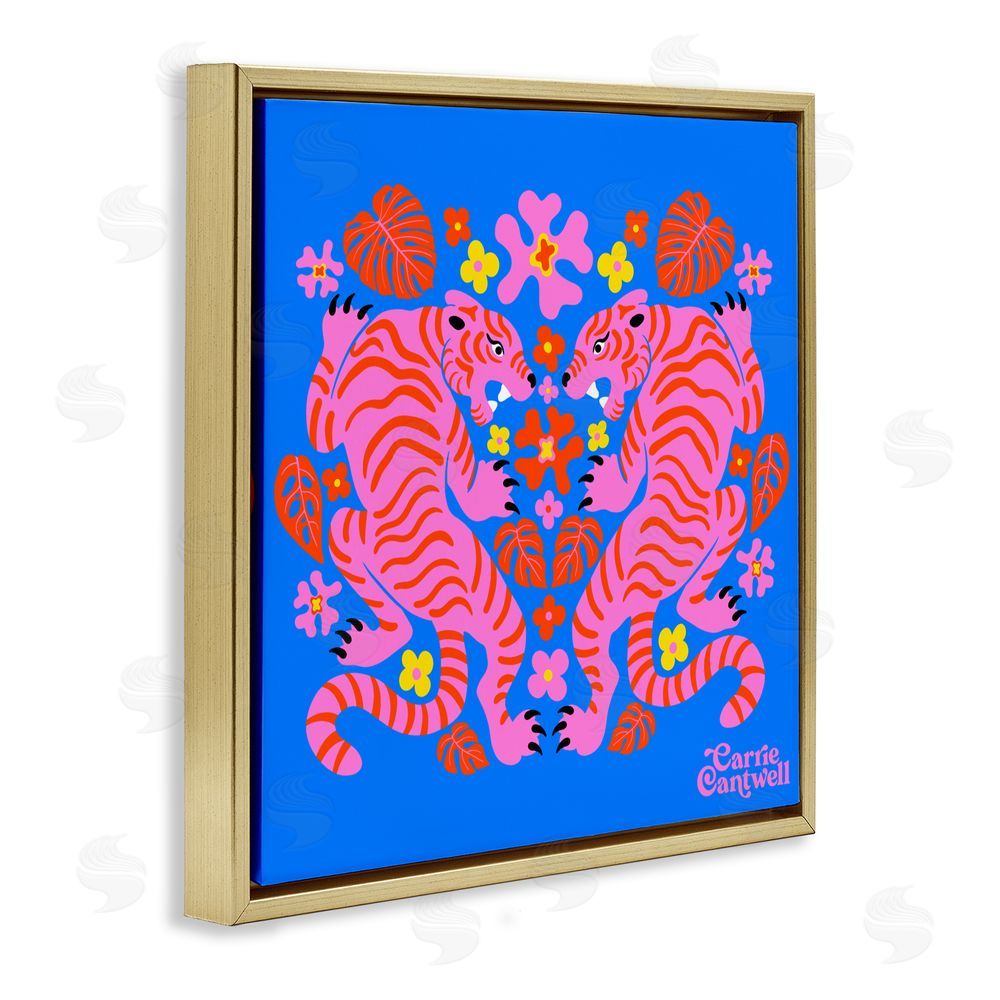 Carrie Cantwell Pink Tigers and Monstera Gold Floating Frame Canvas Wall Art Print
