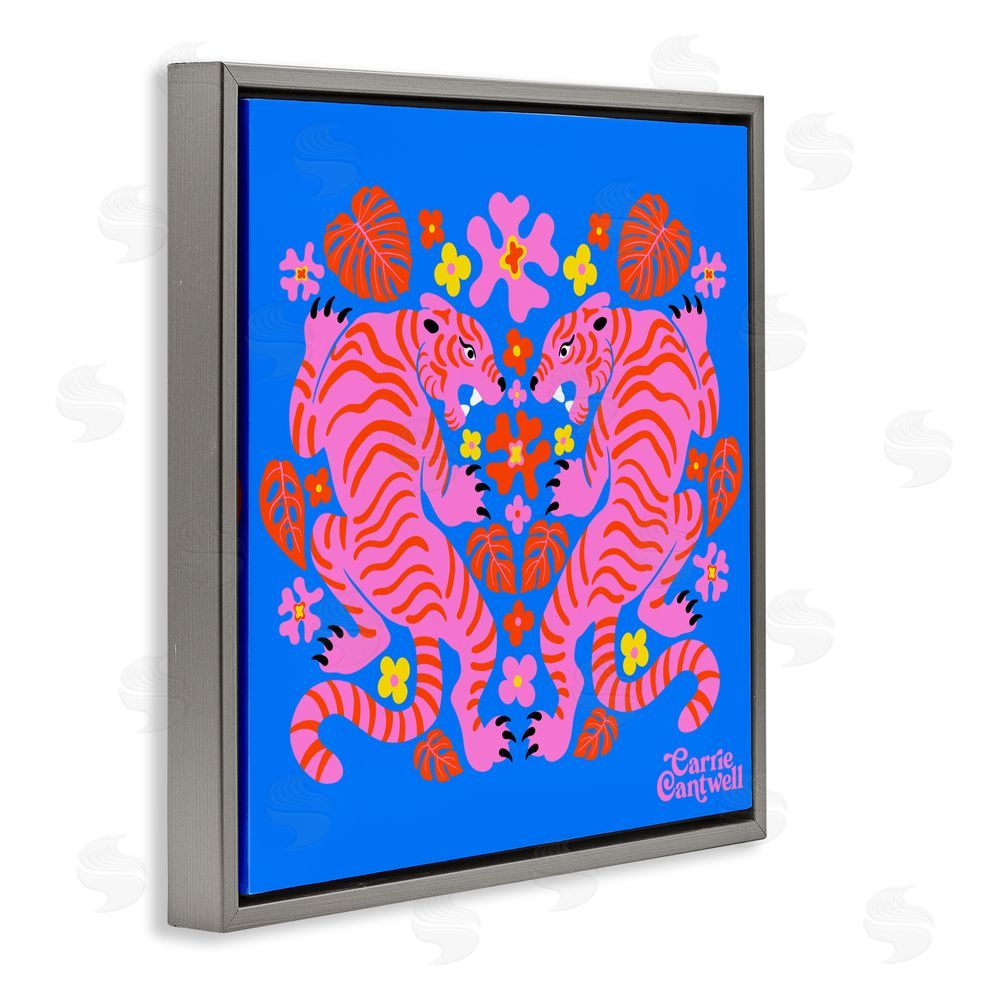Carrie Cantwell Pink Tigers and Monstera Gray Floating Frame Canvas Wall Art Print