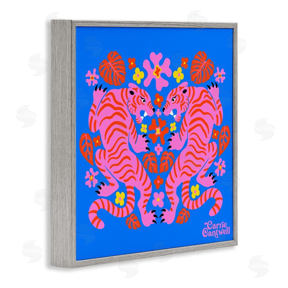 Carrie Cantwell Pink Tigers and Monstera Gray Framed Giclee Wall Art Print