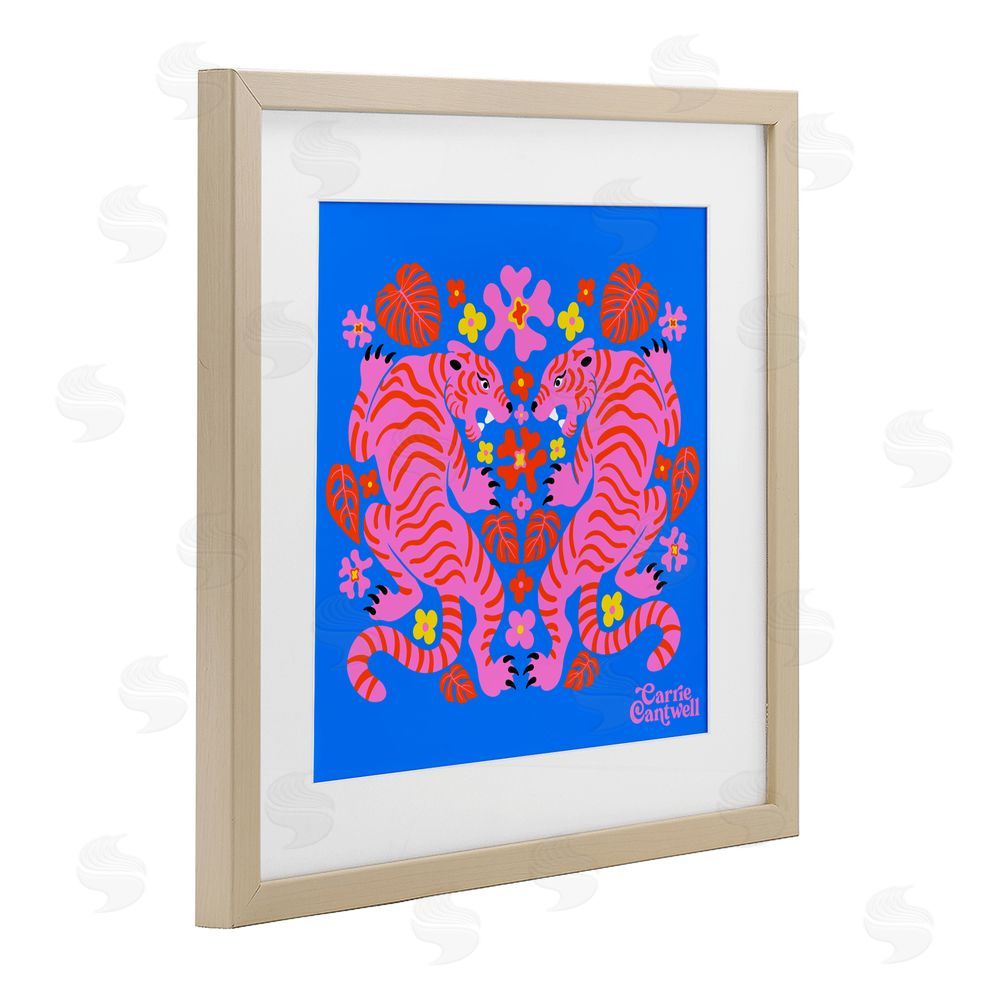 Carrie Cantwell Pink Tigers and Monstera Brown Framed Print Under Glass Wall Art