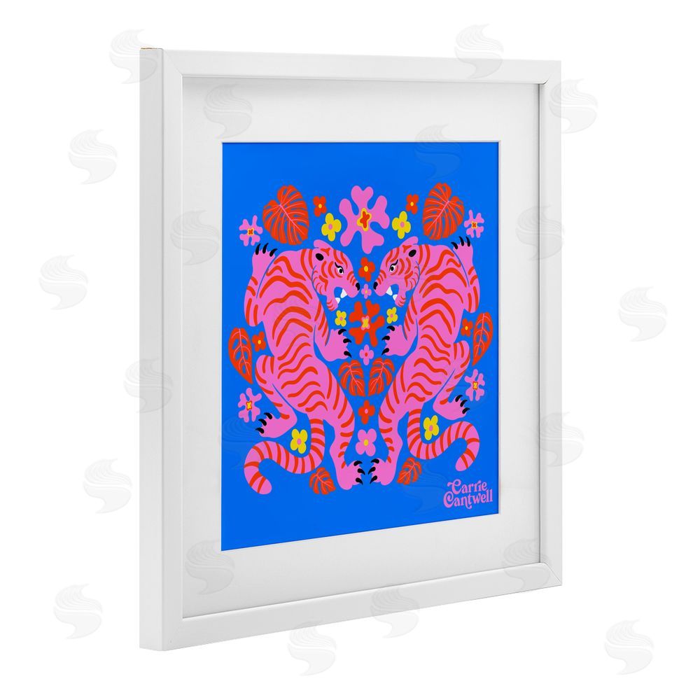 Carrie Cantwell Pink Tigers and Monstera White Framed Print Under Glass Wall Art