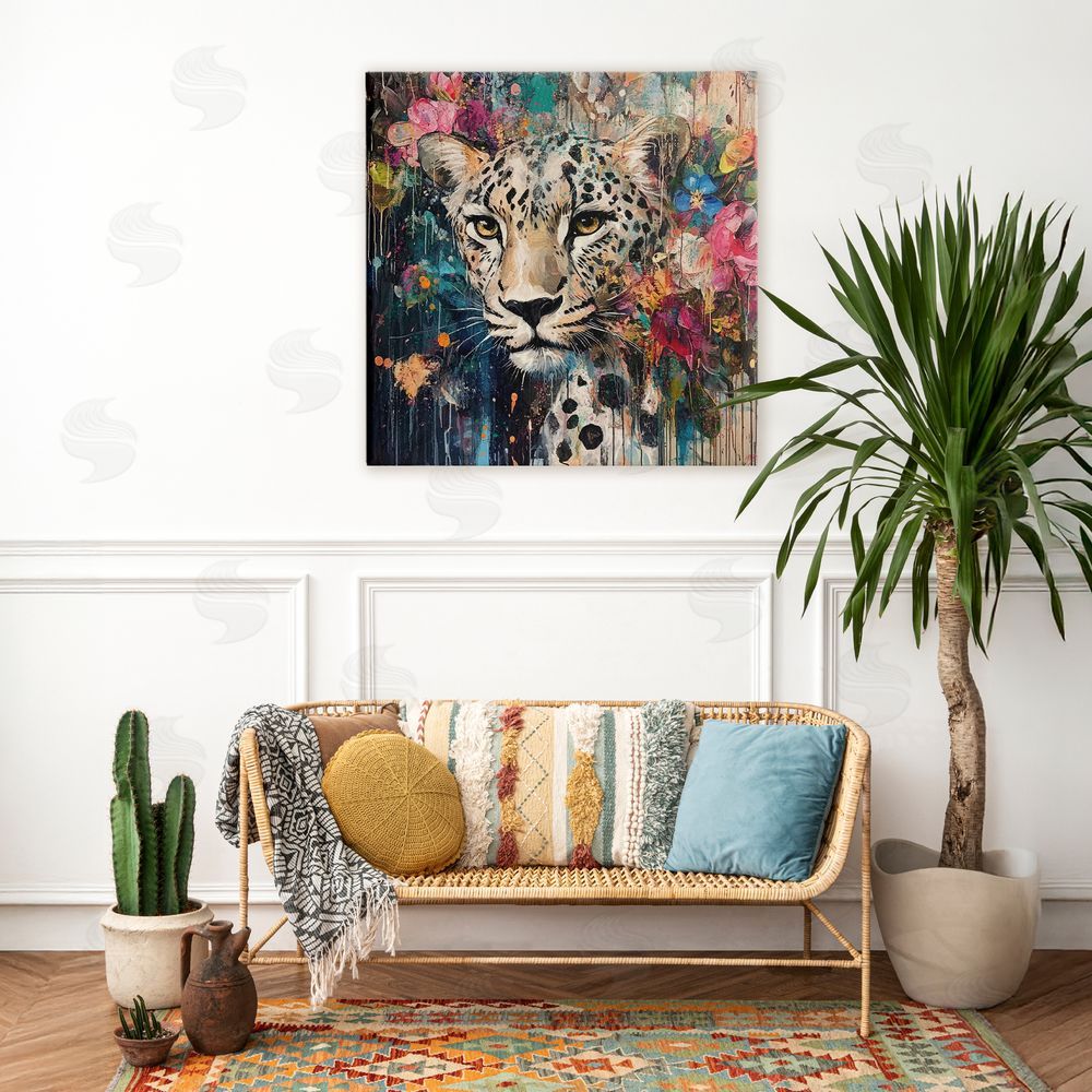 Marta Wiley Cheetah & Exotic Blooms Stretched Canvas Wall Art in Room