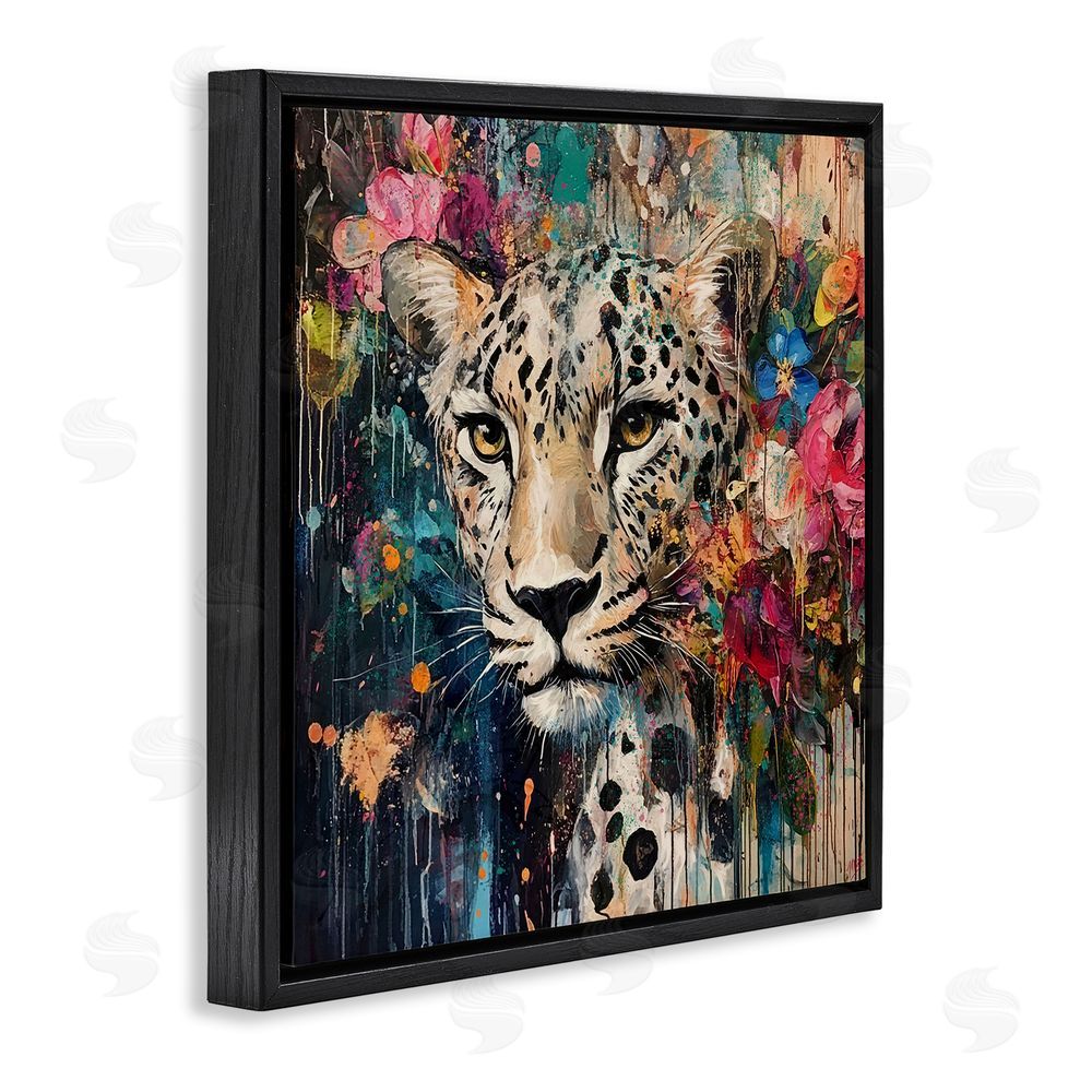 Marta Wiley Cheetah & Exotic Blooms Black Floating Frame Canvas Wall Art Print