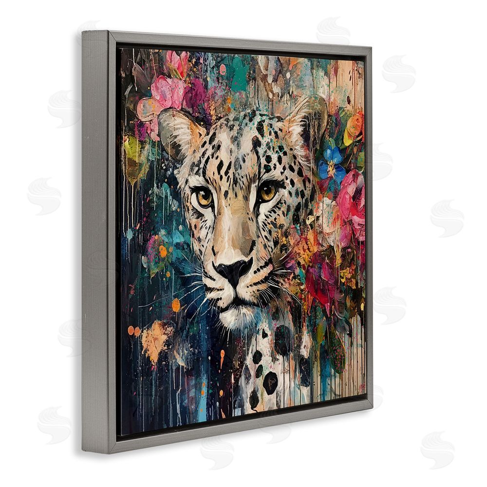 Marta Wiley Cheetah & Exotic Blooms Gray Floating Frame Canvas Wall Art Print