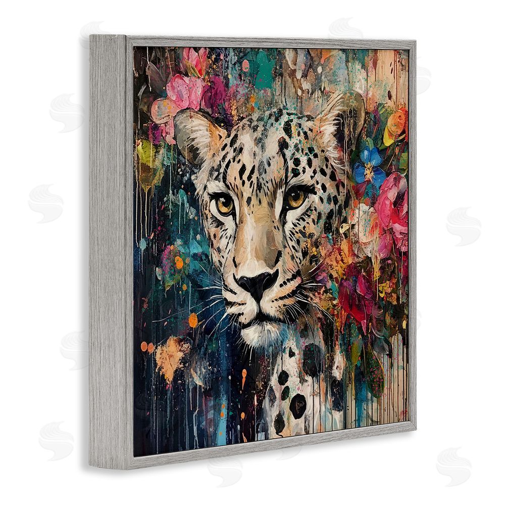 Marta Wiley Cheetah & Exotic Blooms Gray Framed Giclee Wall Art Print