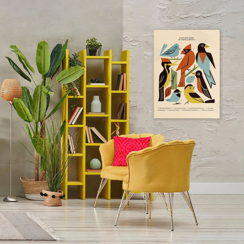 Renea L. Thull Backyard Birds Midcentury Modern Stretched Canvas Wall Art Print in Room