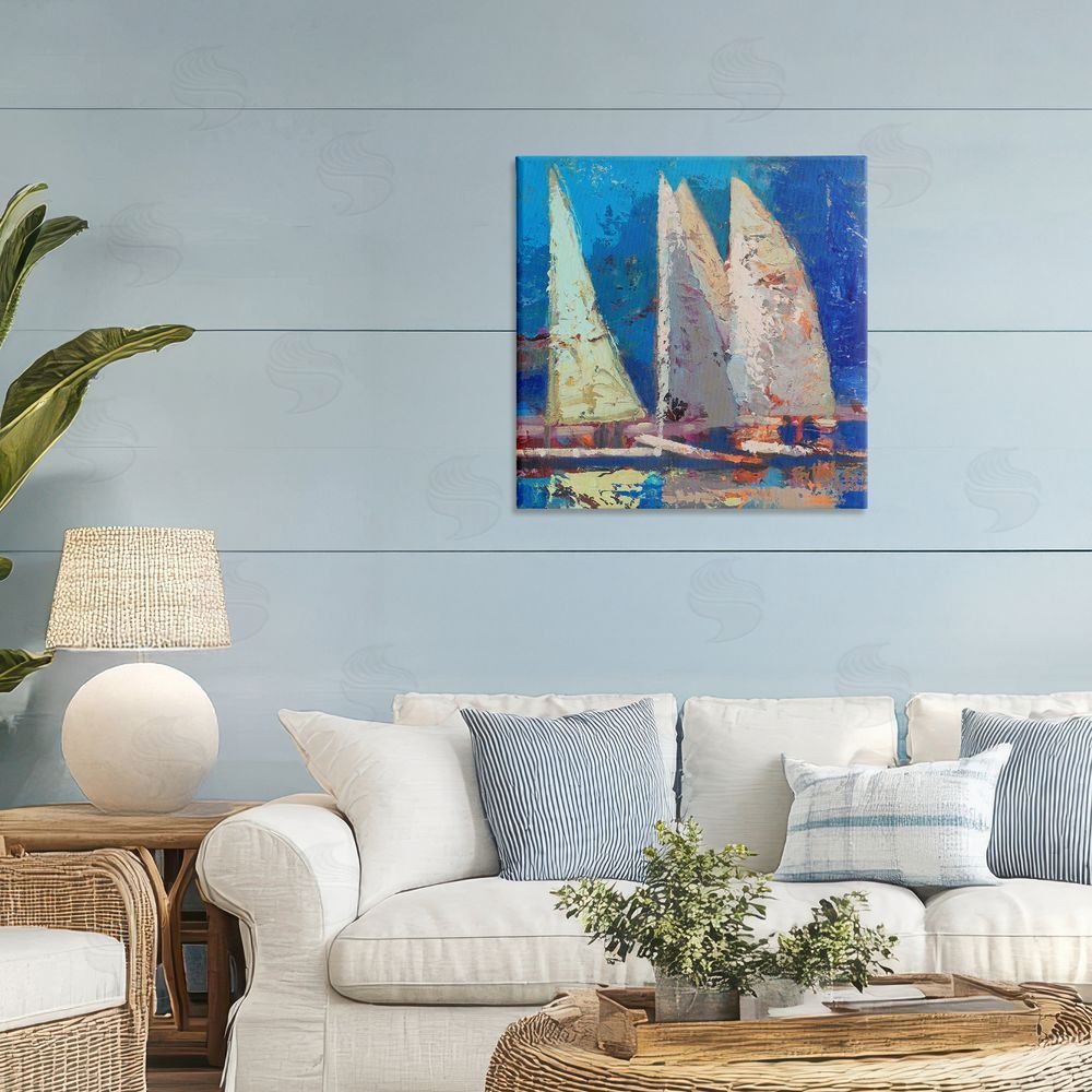 Beth A. Forst A Strong Wind Sailboats Stretched Canvas Wall Art in Room