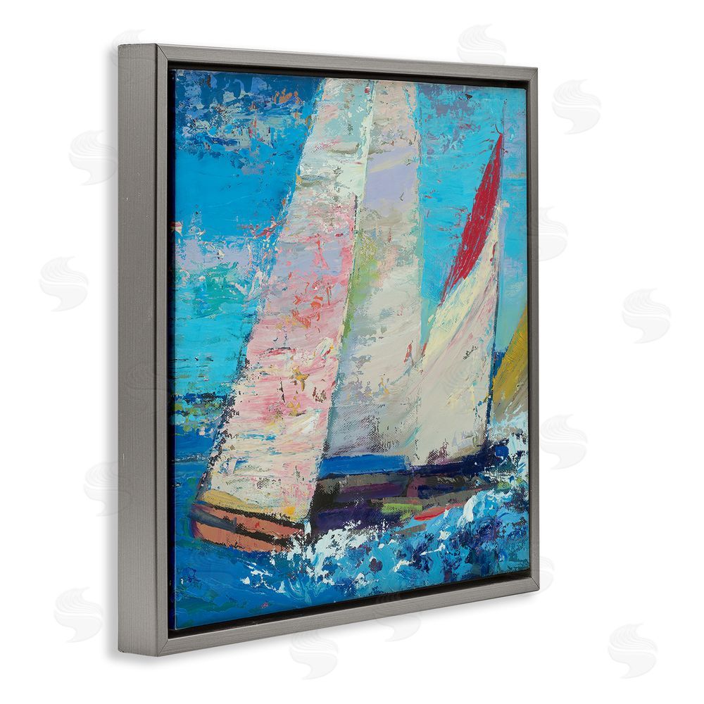 Beth A. Forst Expressive Sailboats on Waves Gray Floating Frame Canvas Wall Art Print
