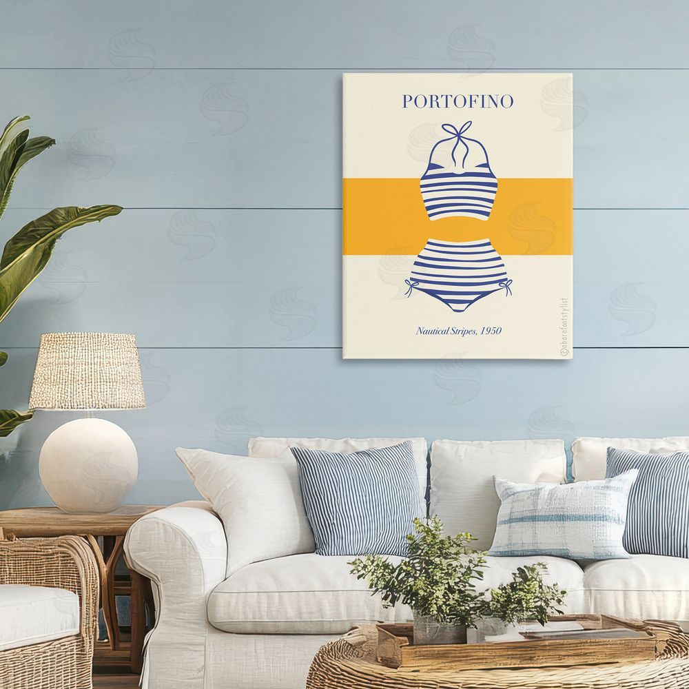 A Barefoot Stylist Portofino Striped Bikini Stretched Canvas Wall Art in Room