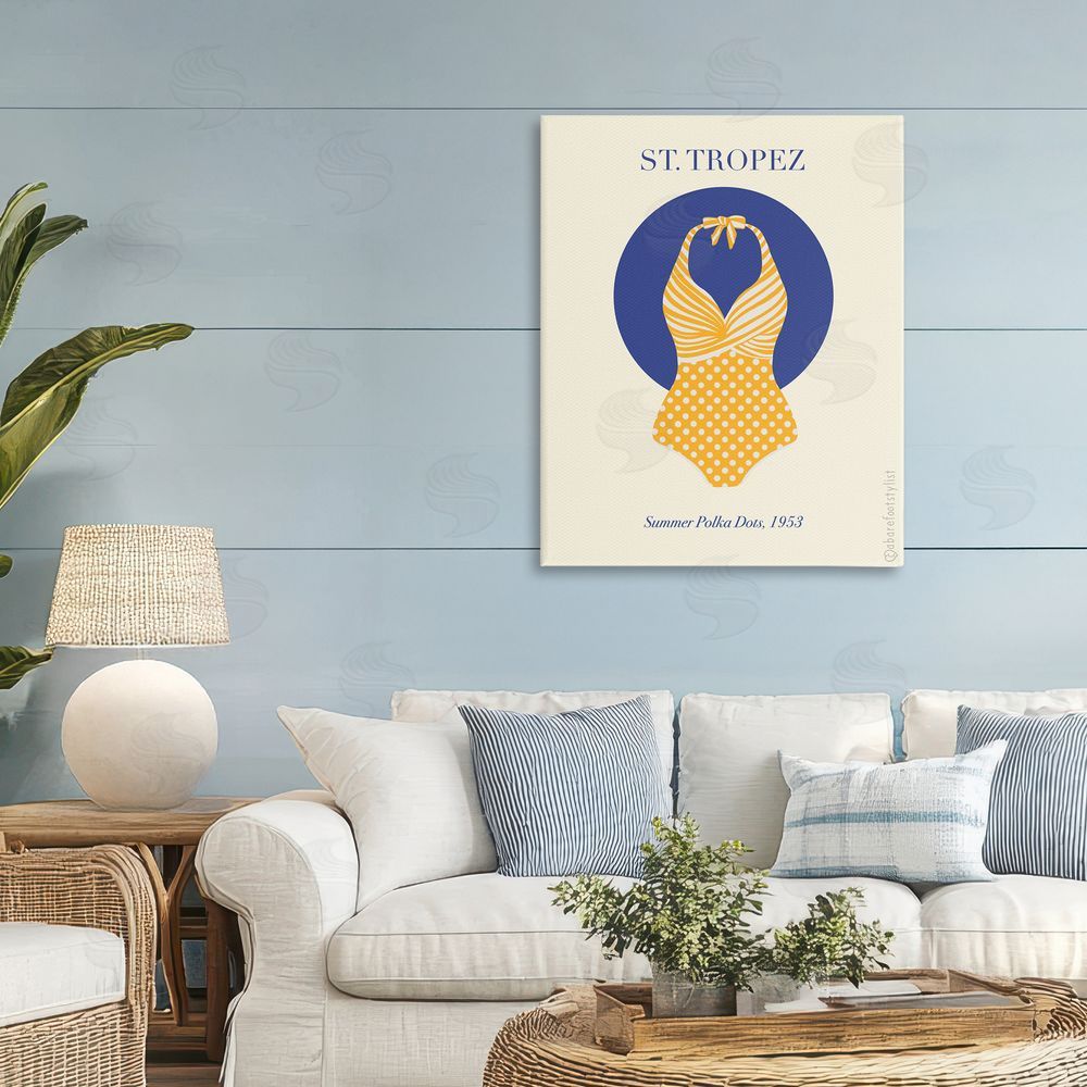 A Barefoot Stylist St. Tropez Dotted Swimsuit Stretched Canvas Wall Art in Room