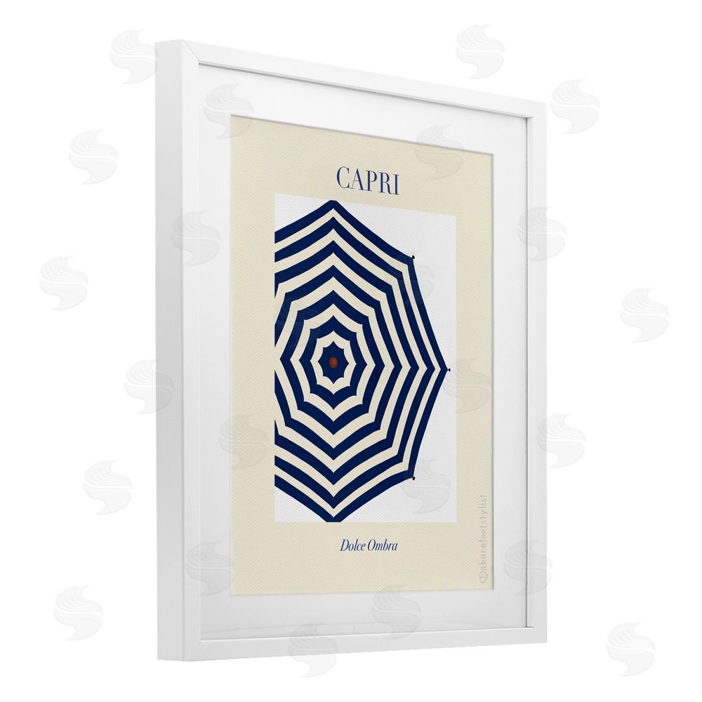 A Barefoot Stylist Capri Striped Umbrella White Framed Print Under Glass Wall Art