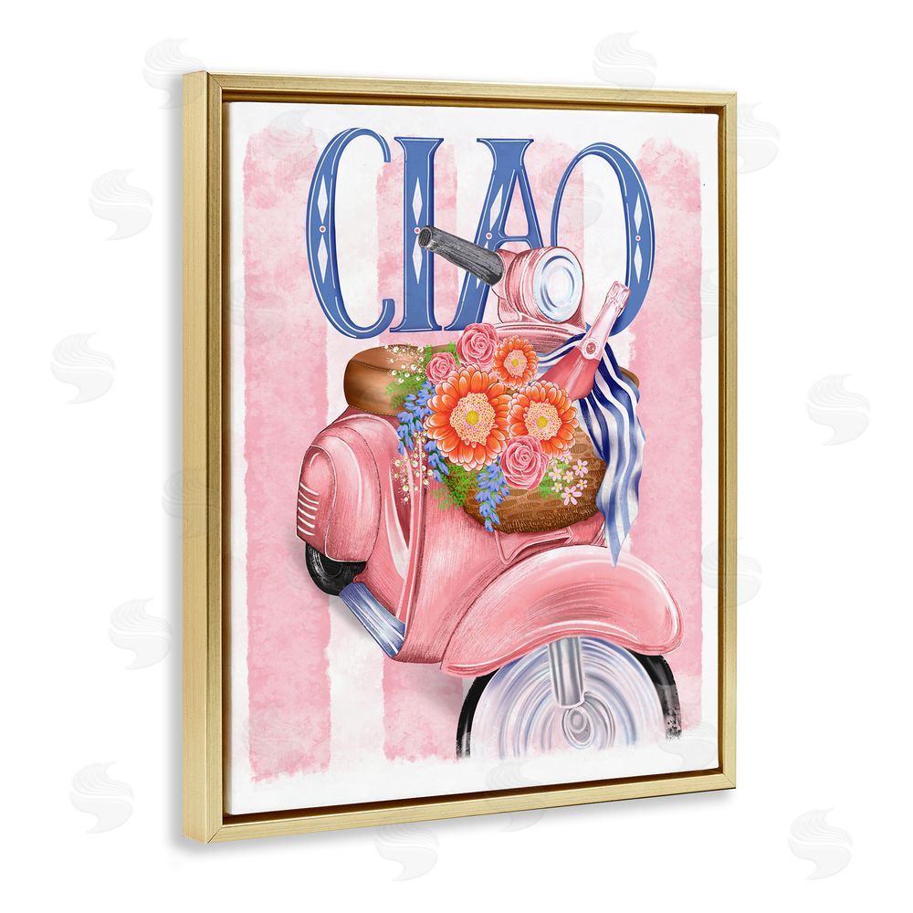 Lori Mosley Ciao Vespa with Flower Basket Gold Floating Frame Canvas Wall Art Print