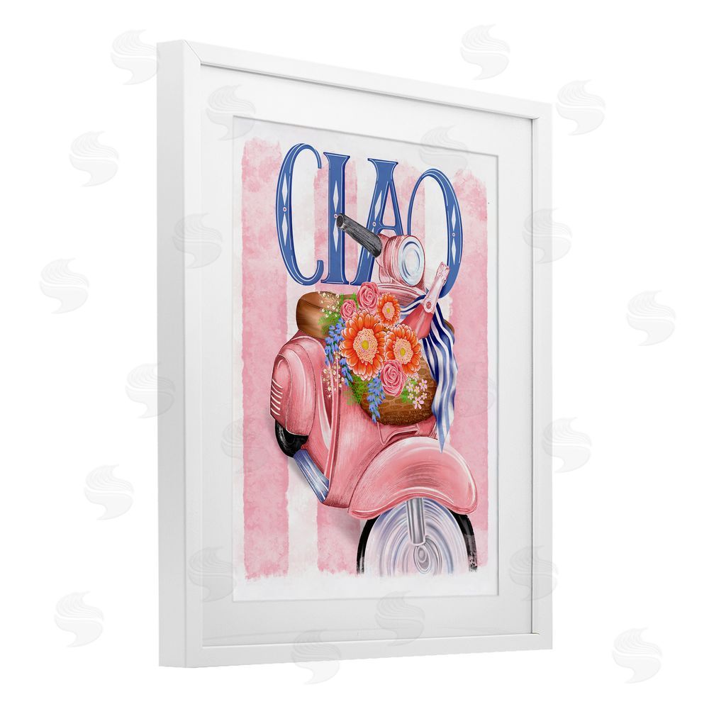 Lori Mosley Ciao Vespa with Flower Basket White Framed Print Under Glass Wall Art
