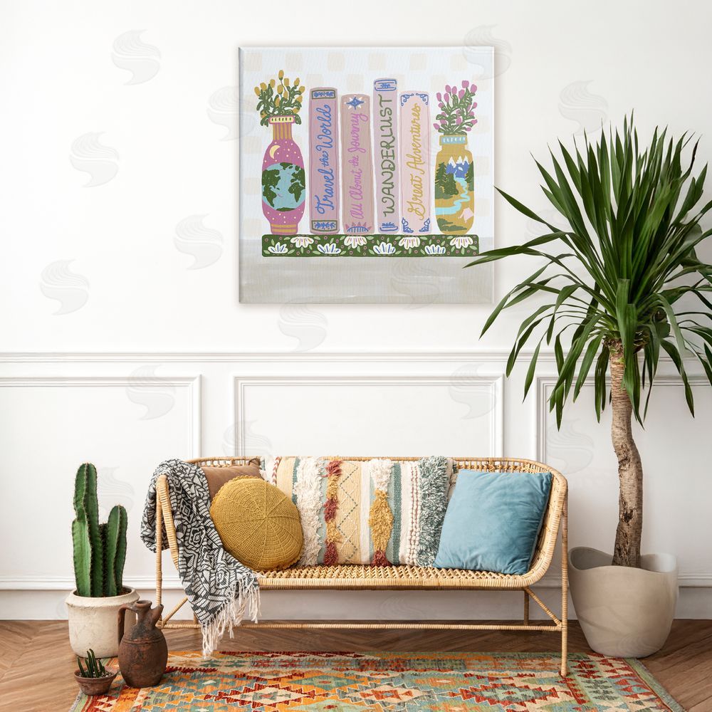 Connie Summers Boho Travel Books Shelf Stretched Canvas Wall Art in Room